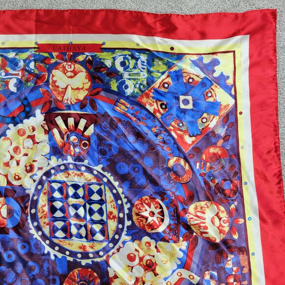 VINTAGE Womens CATHAYA 100% Silk Scarf Wrap 34"X34" Red Blue Multi Print Square - Picture 9 of 16